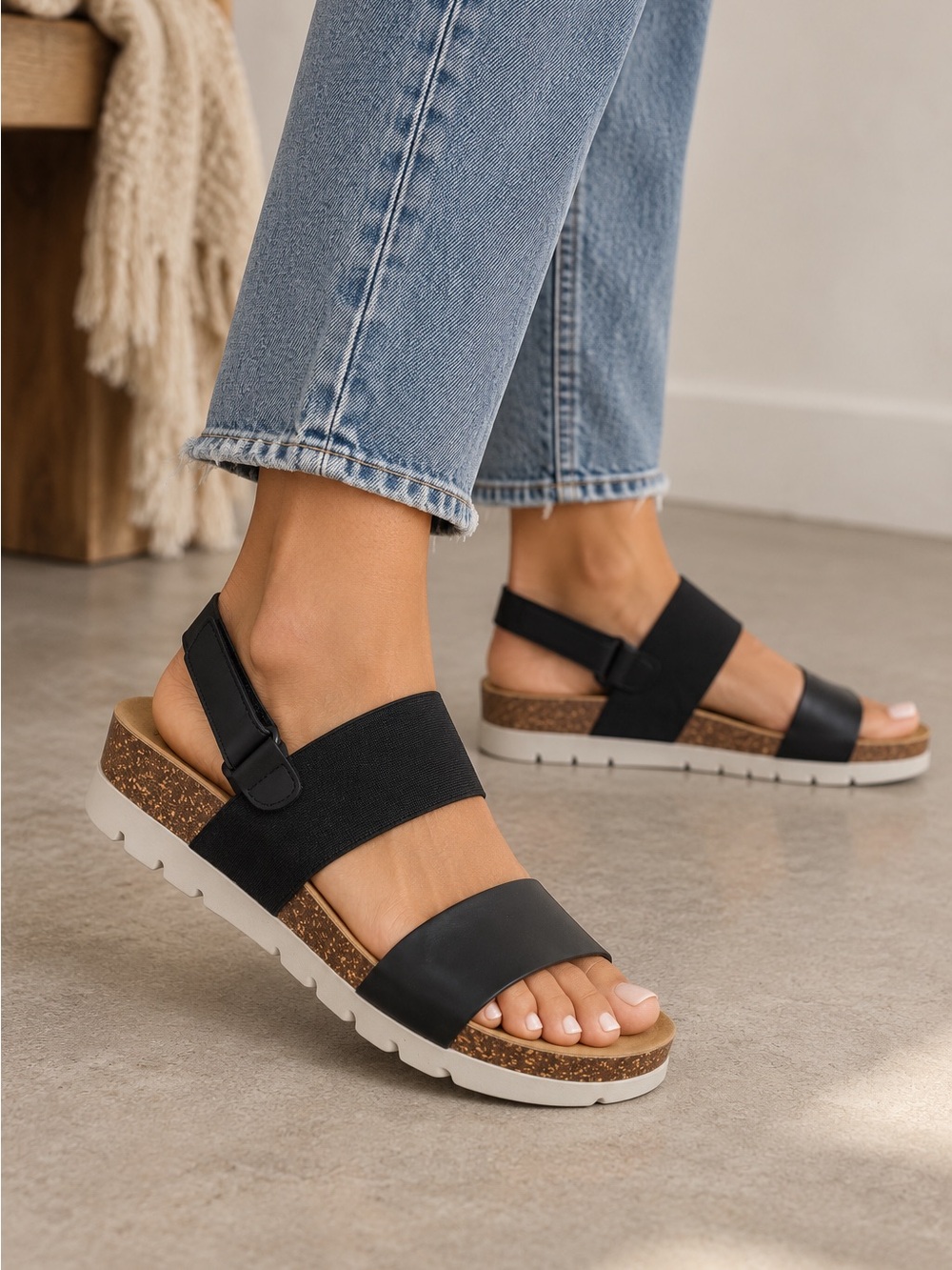 Plakton Cassandra Black Leather Sandals Made in Spain Comfort Cork Platform Sz 9